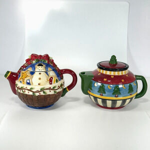 2 Vintage Sakura Debbie Mumm Snowman Christmas Trees Teapot Hand Painted